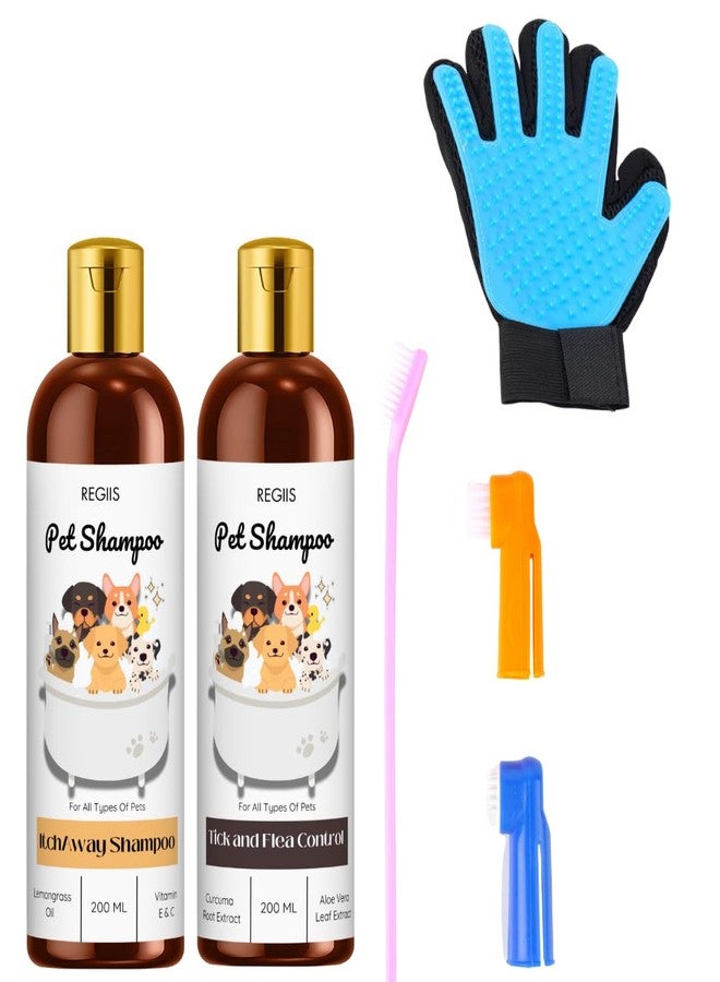 مجموعة ريجيس للعناية بالحيوانات الأليفة مع مجموعة شامبو للكلاب، 200 مل للتحكم في القراد والبراغيث، شامبو إيتشي واي، قفاز للعناية بالحيوانات الأليفة، فرش (عبوة من 4 قطع) - Image 1